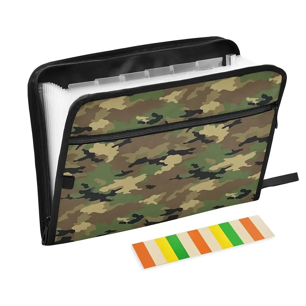 

Army Camouflage Expanding File Folder with Sticky Labels, 13 Pockets Accordion File Folder Document Organizer with Zipper Clo