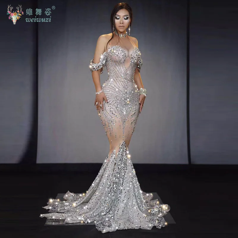 

Exquisite and Luxury Silvery Rhinestones Off Shoulder Trailing Evening Gown Dresses Sheer See Through Deep V-neck Fishtail Skirt