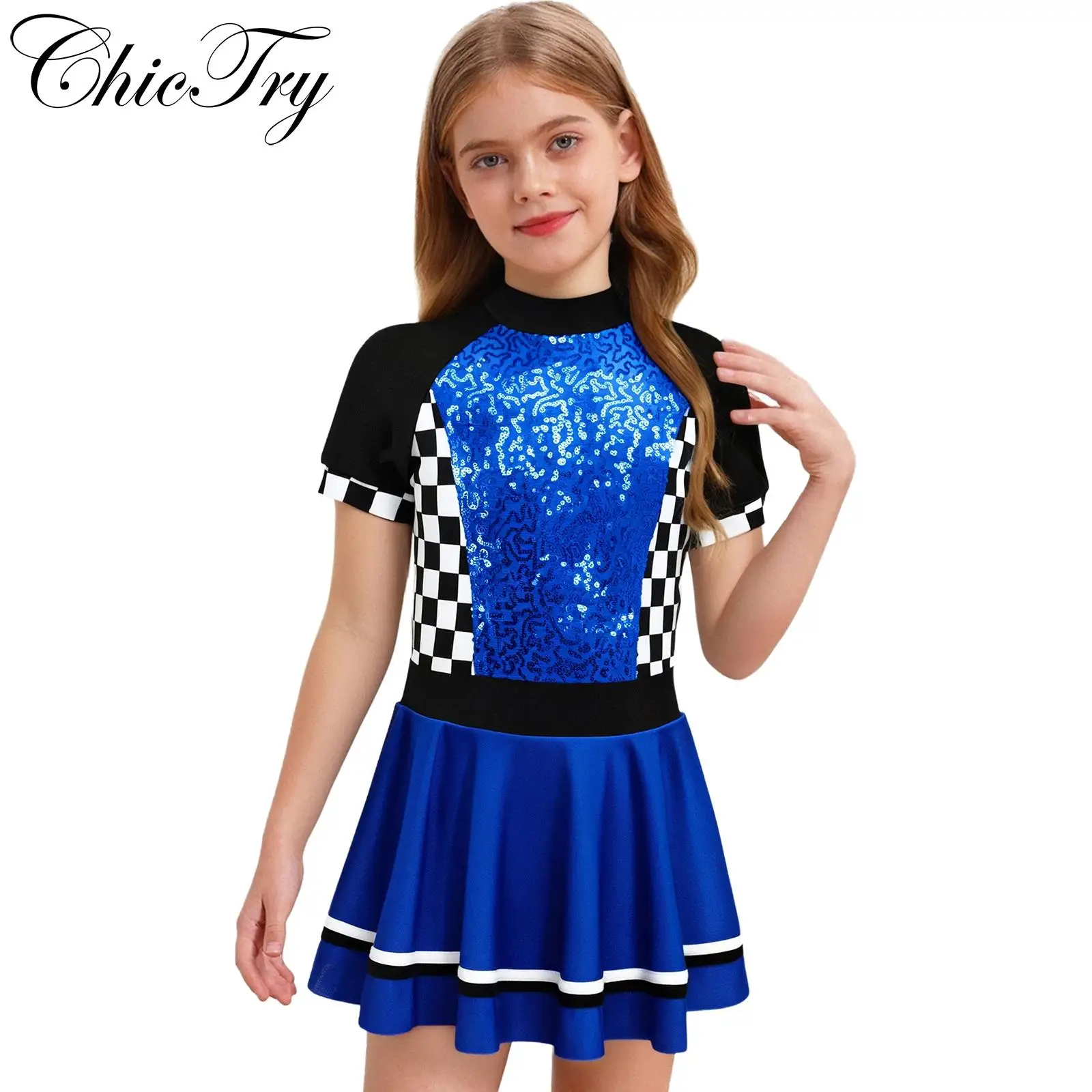 

Kids Girls Racing Car Driver Cosplay Costumes Back Checkerboard Shiny Sequins Dress for Halloween Themed Party Roleplay Dress Up