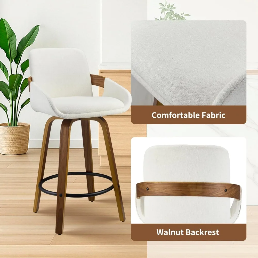 Beige Fabric Swivel Bar Stools with Back, Walnut Bentwood Mid-Century Design, Modern Set of 2 Bar Chairs with Curved Back.