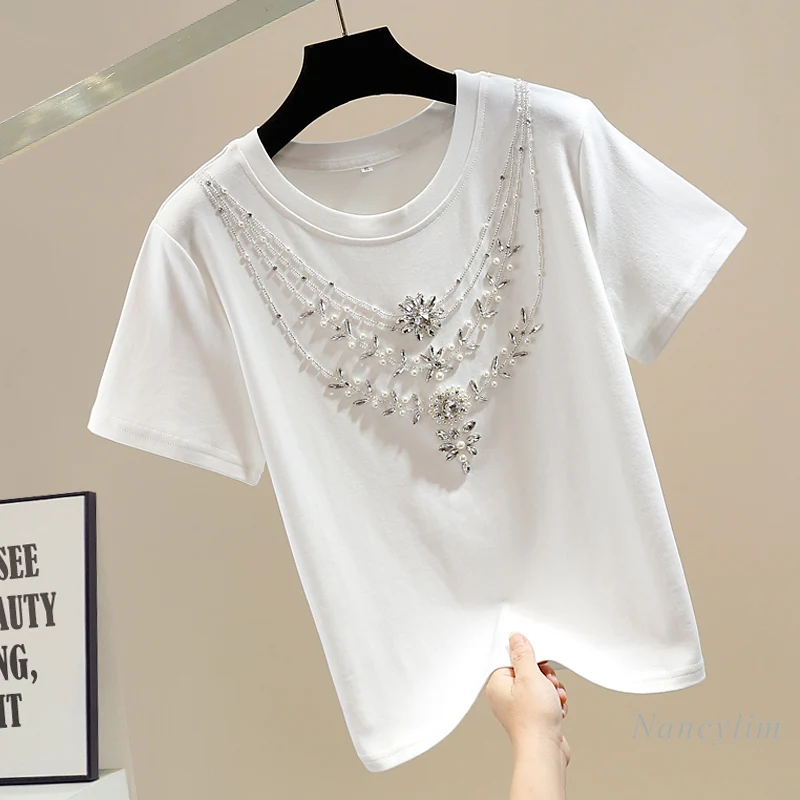 

Heavy Industry Beads Diamond-Embedded Design Sense Round Neck Pullover Short Sleeve T-Shirt for Women 2024 Summer Elegant Top