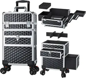 Large Rolling Makeup Case with Adjustable Compartments, Detachable Drawer, and Foot-Brake Wheels for Professional Organizers