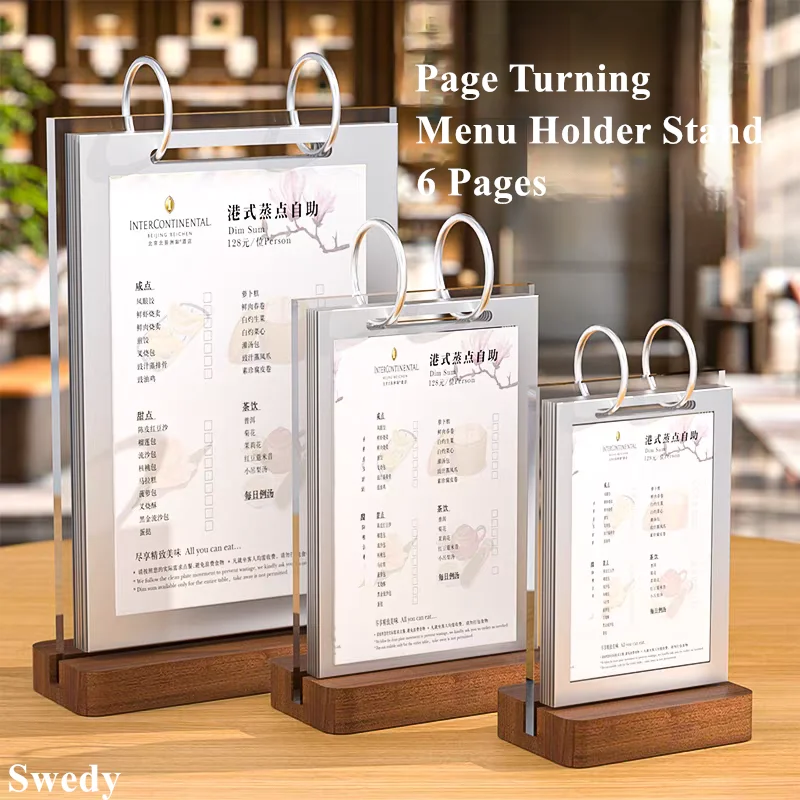 A5 148X210MM Page Turning Table Acrylic Sign Holder Display Stand Wooden Restaurant Menu Paper Flyer Photo Picture Poster Frame