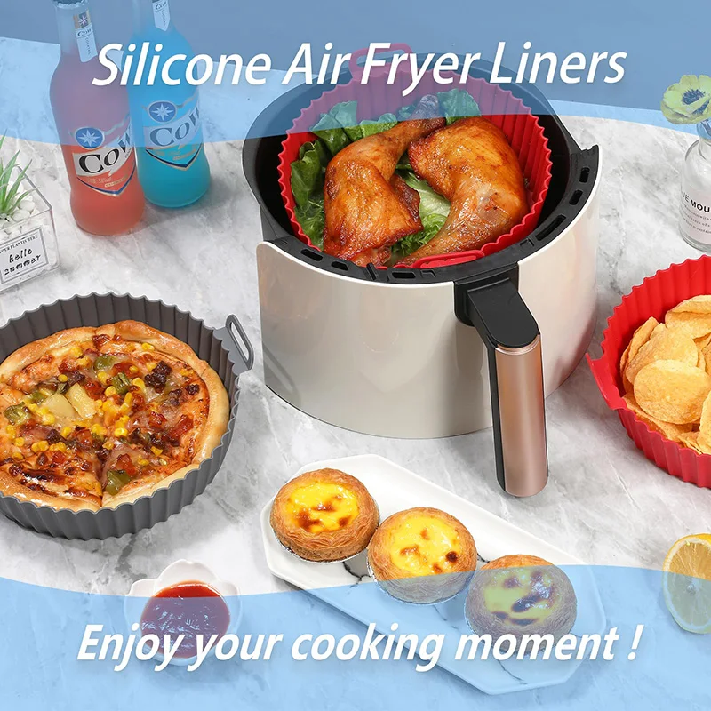 Air Fryer Silicone Liners Pot Basket Bowl Replacement of Flammable Parchment Paper Reusable Baking Tray Accessories with Brush