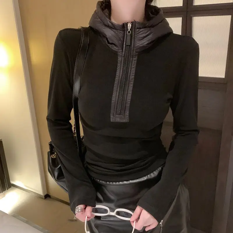 Niche Half Zipper Hooded T-shirt for Women Autumn Winter Soft Slim Fit Long Sleeved Bottom Shirt Cuff Half Zipper Collar Hoodie