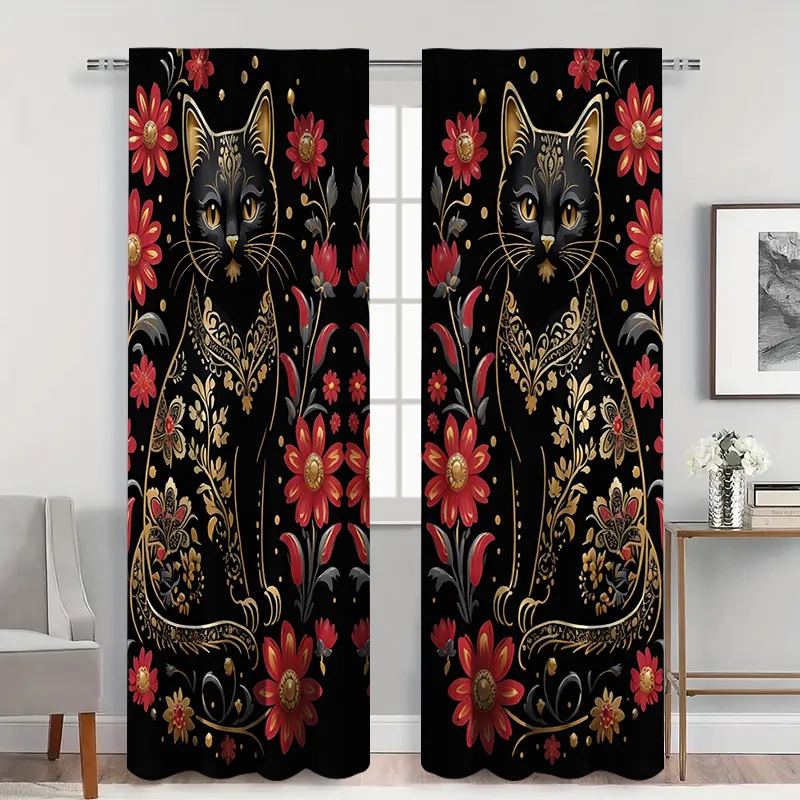 2pcs Gothic Black Cat Curtains, Red Floral on Black Sheer Light Filtering, Mysterious Dramatic Window Decor for Living Room