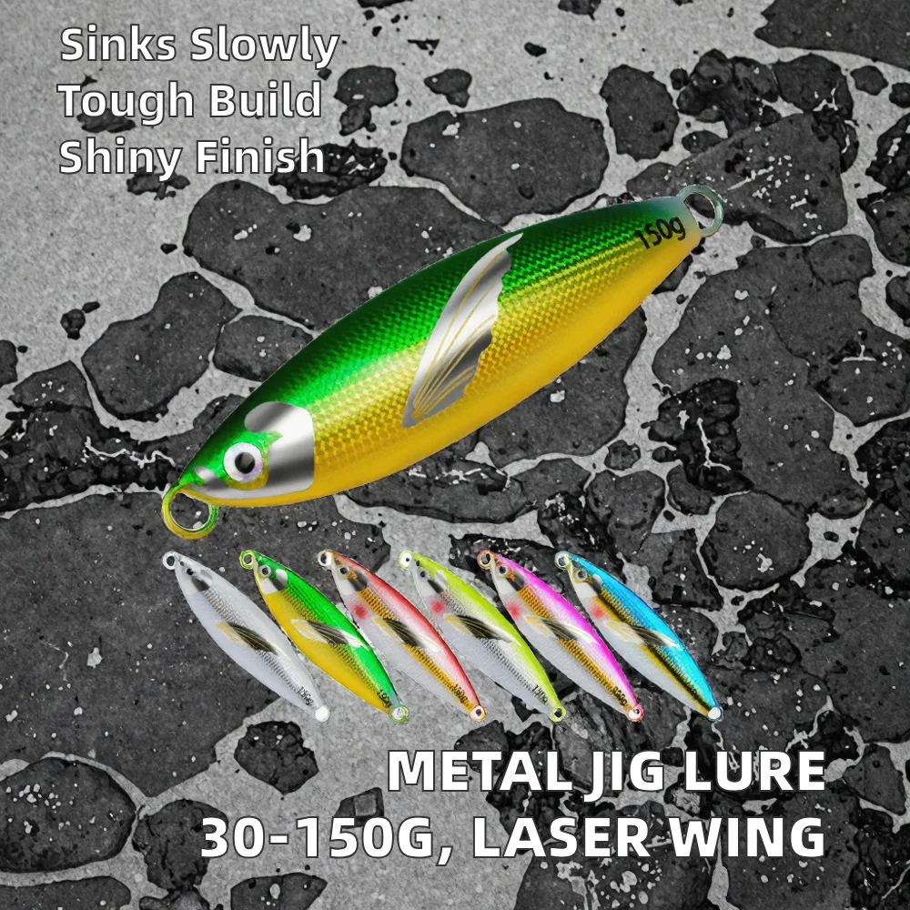 30-150g Slow Sinking Metal Jigging Fishing Lure Wing Laser Sticker Lead Metal Jig Swim Baits Saltwater Zander Marlin Pike