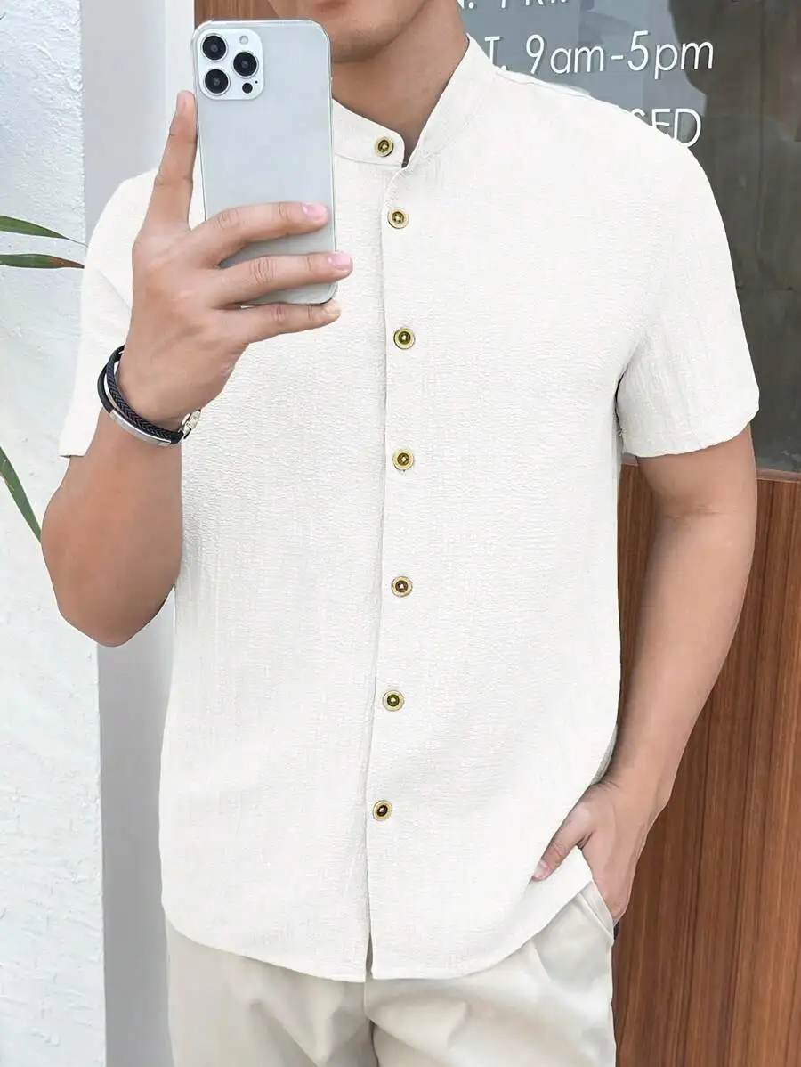 Manfinity VCAY Men Plain Weave Front Button Casual Short Sleeve White Shirt, Couple Things, Vacation, Father's Day Gifts