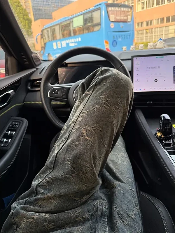 

American High Street Thistle Embroidered Jeans Men's Spring Summer Cool Design Curved Knife Slim Straight Micro Flared Pants