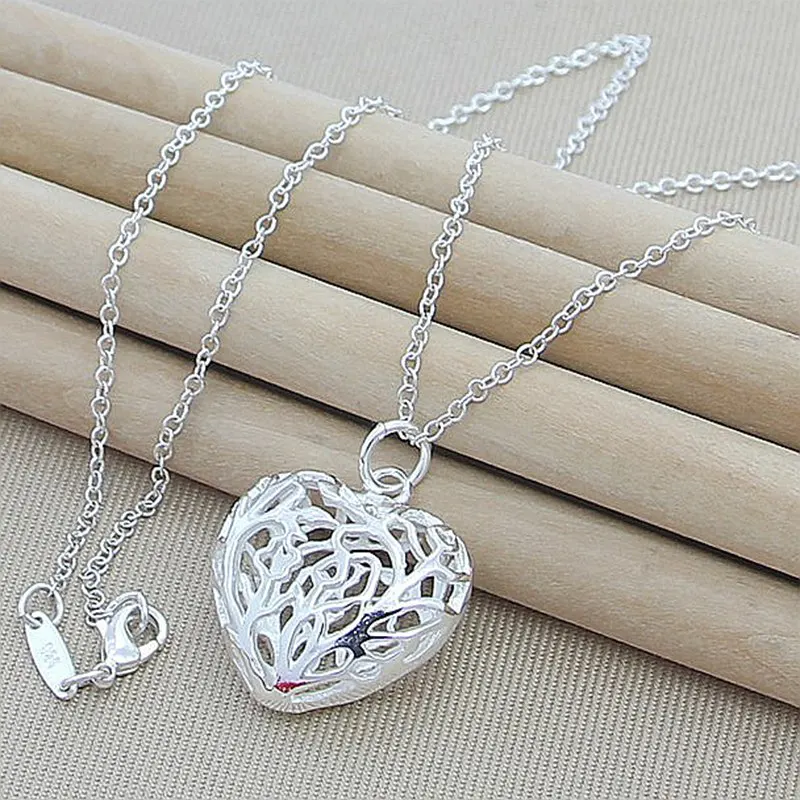 

925 Sterling Silver Hollow Love Heart Ball 18 Inch Chain Pendant Necklace For Women Wedding Engagement Party Jewelry