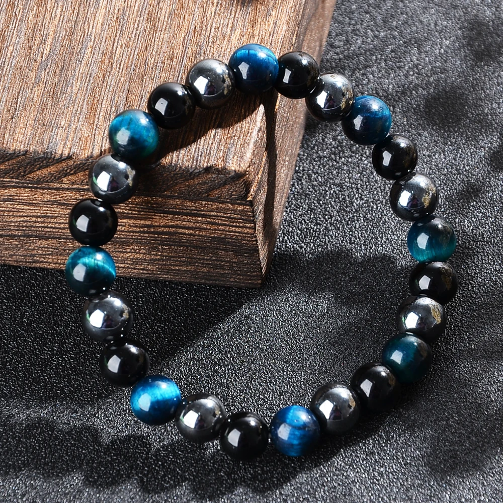 Triple Protection Bracelet, Blue Malachite Black Bile Obsidian Beaded Bracelet, Handmade Stretch Beaded Bracelet