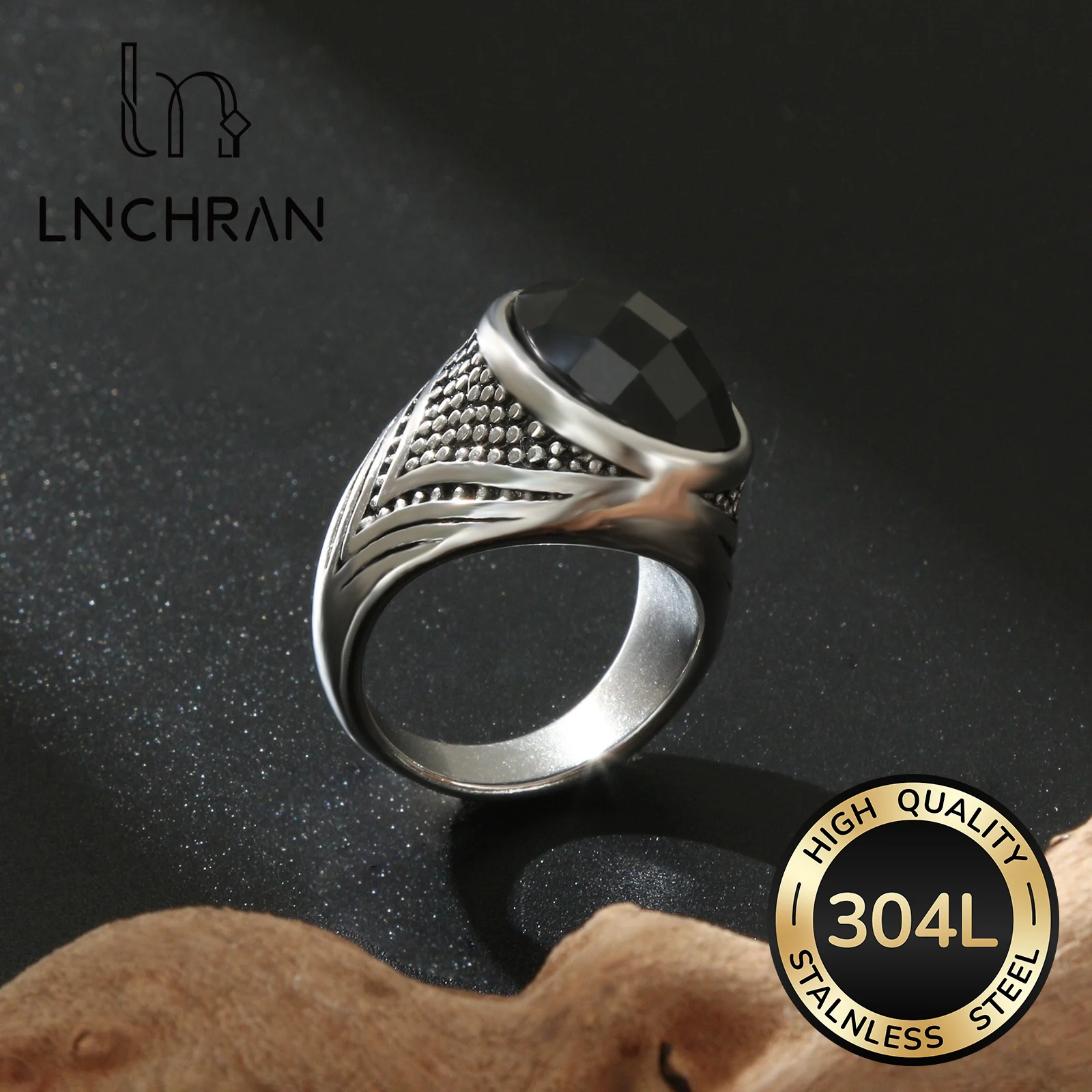 

Black Stainless Steel Signet Ring with Faceted Synthetic Zirconia for Men