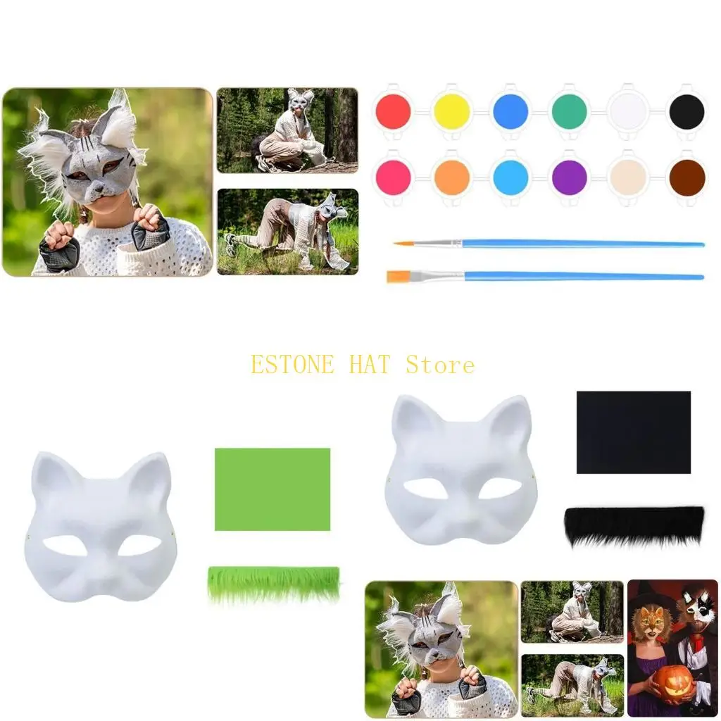 49MF Hand-Painted Cats Mask with Furs Halloween Mask Animal Mask Set Foxes Mask