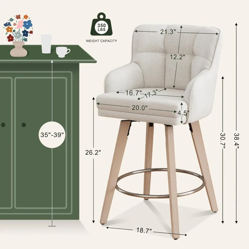 360°Swivel Counter Height Bar Stools with Back, 26 inch Solid Wood Legs, Bar Stool Modern Kitchen Island Chairs, Fabric