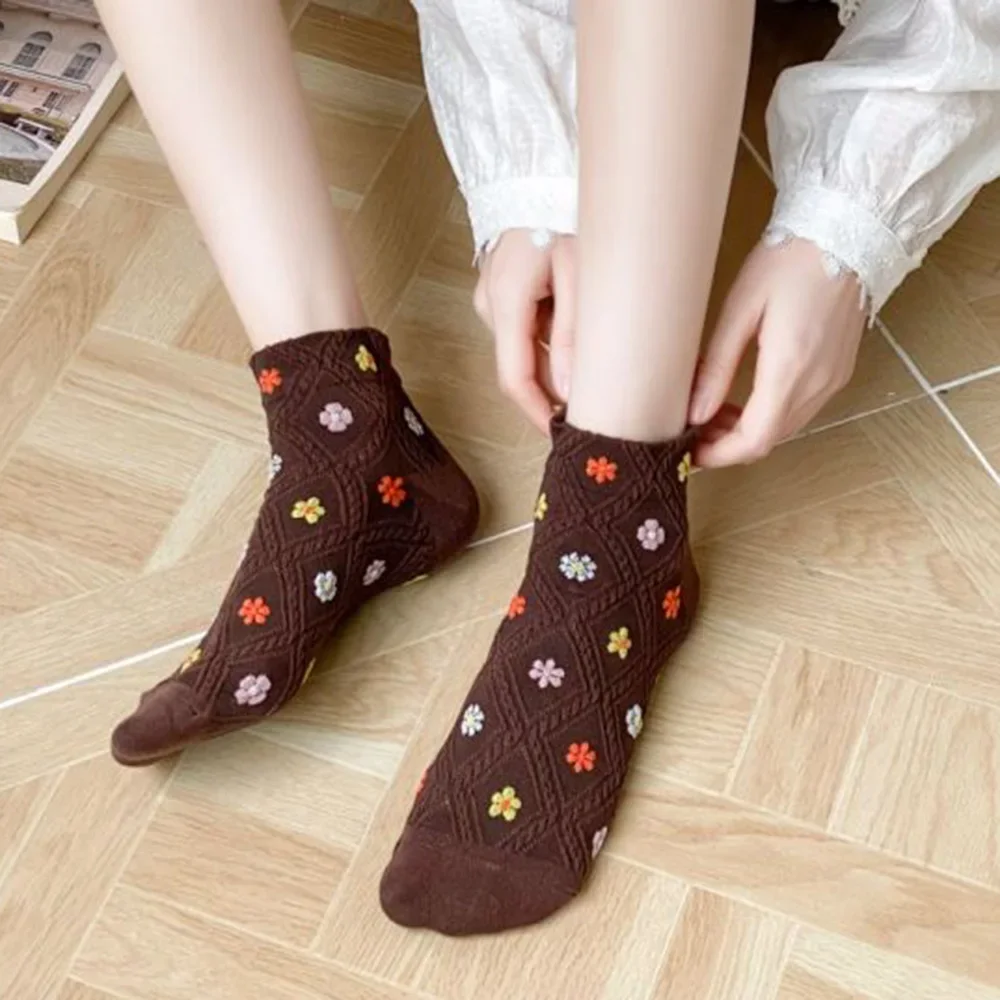 5 Pair Kawaii Small Flower Print Socks For Women Shallow Spring Summer Short Mouth Designer Brand Socks Woman Breathable Socken
