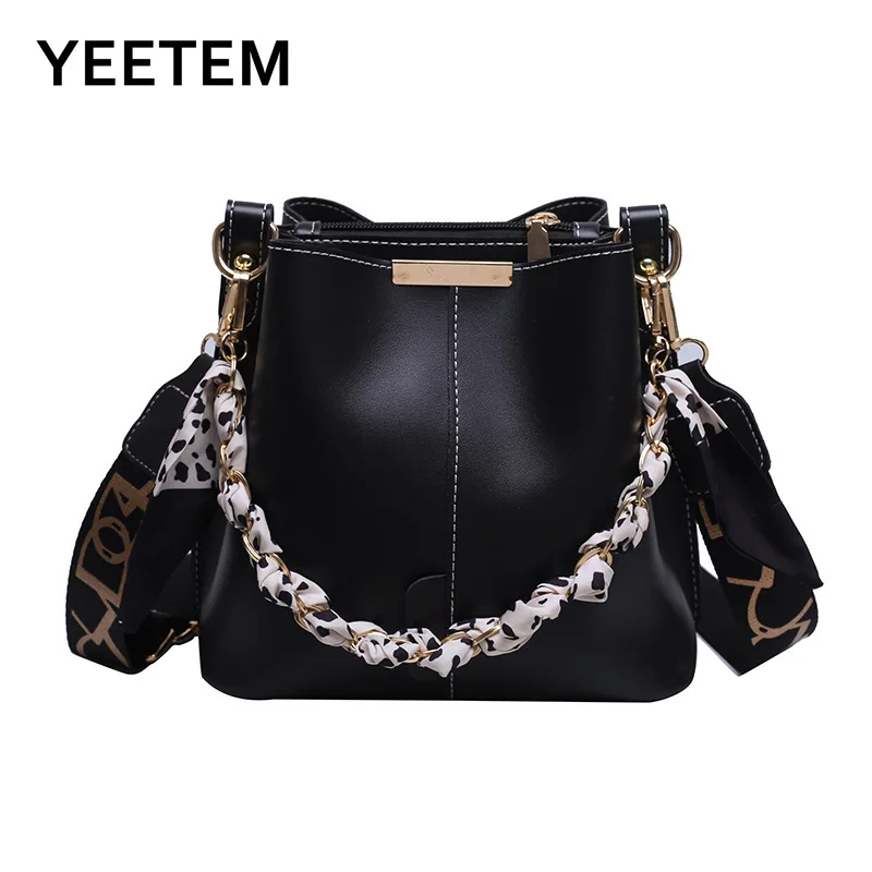 

New PU Bucket Bag Summer Fashion Korean Edition Scarf One Shoulder Casual Straddle Handbags Wide Shoulder Straps Design