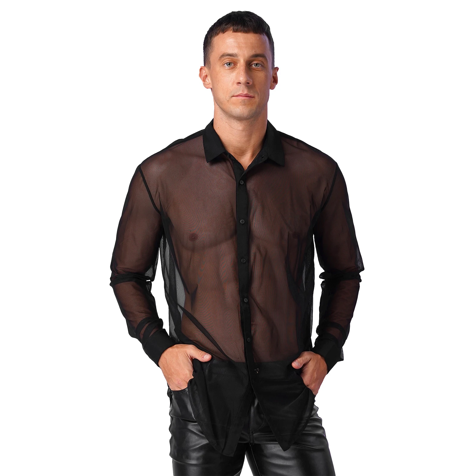 Iiniim camisa de manga larga con cuello vuelto para hombre, Top de malla transparente a la moda, camisas de aspecto húmedo para fiesta de noche y