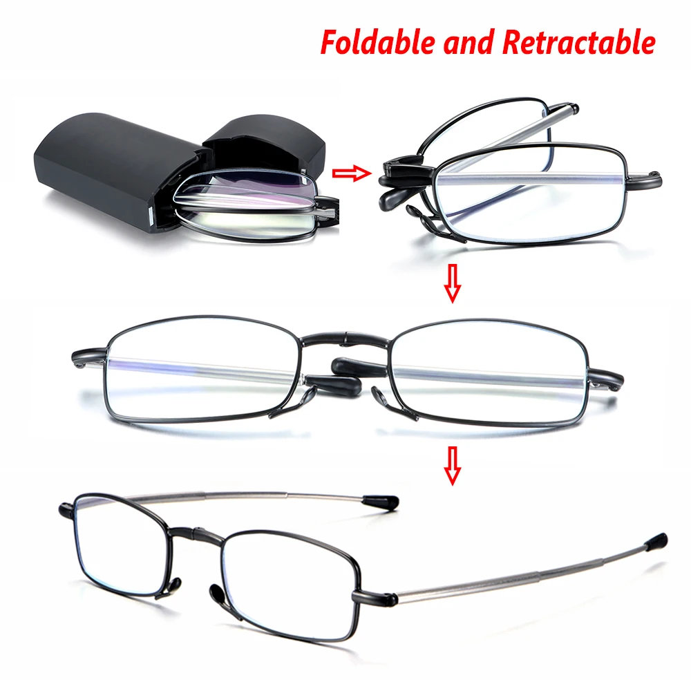 Fashion Alloy Frame Rotation Folding Reading Glasses Telescopic Legs Presbyopia Eyeglasses Includes Case Hyperopia Eyewear