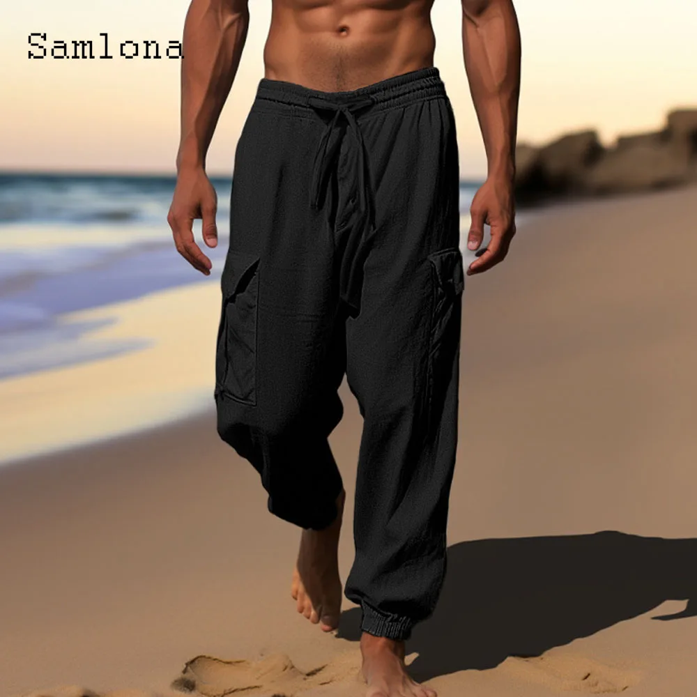 Bombachos elegantes de lino y algodón para hombre, pantalones de bolsillo grandes y grandes hasta el tobillo, Vintage, cintura elástica sólida, 3xl