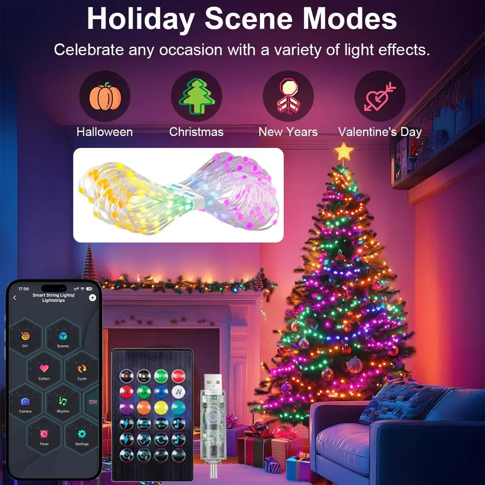 Smart Fairy String Lights, 66ft 200 LED WiFi RGB Christmas Fairy Lights App Control, Dimmable Rainbow Christmas Lighting