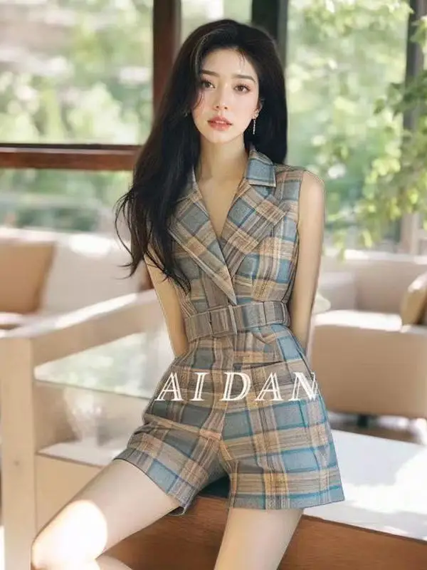 Été Plaid Svel Godd Sle Onesie trajet Faion taille haute ort pantalon femmes vêtements jambe droite pantalon