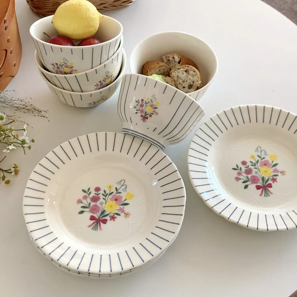 

Cute Flower Korean Ceramic Plate Bowl Kawaii Dish Dinner Breakfast Cake Bread Dessert Salad Decorative Dish Kitchen 5/8 inch