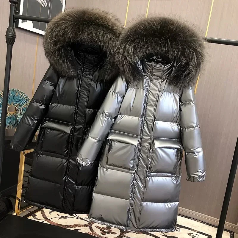 Brand Luxury Big Fox fur collar Glossy Down Jacket Women 2024 Winter New Female White duck down Coat Warm Hooded Parkas Overcoat