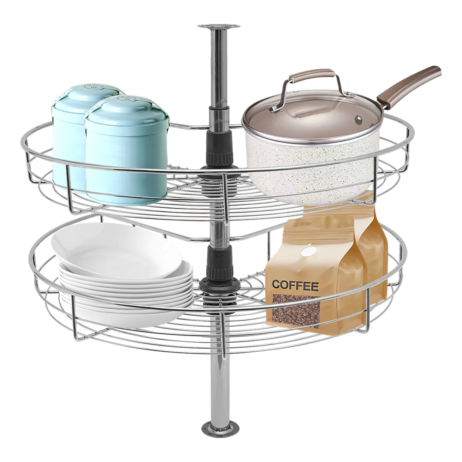 

Rotating Storage Shelves Rack, 2-tier Silver Removable Basket Shelf Organizer, Rotating Kitchen Shelf for Kitchens, Bathrooms
