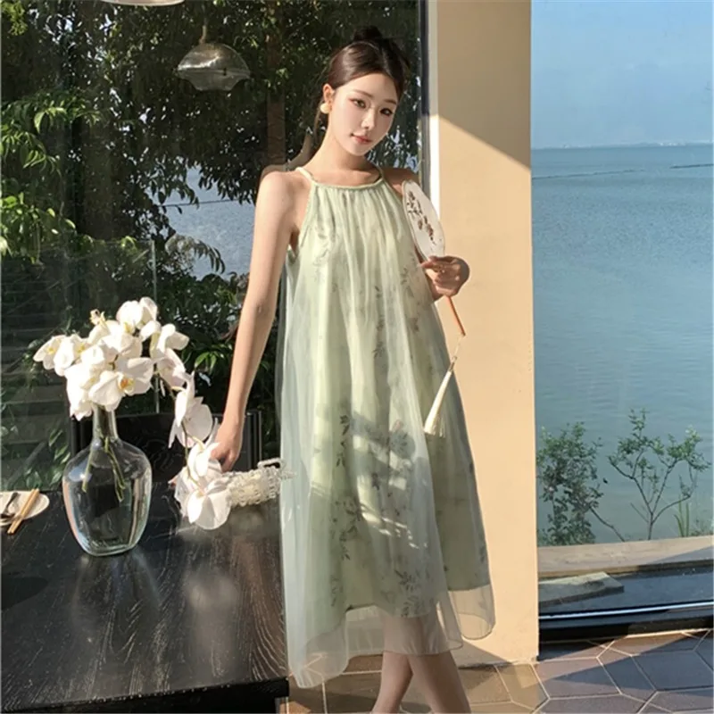 

Green Mesh Chinese Style O-Neck Vacation Dress Summer Elegant Retro Chic Loose Dresses Strappy Birthday Party Long Idyllic Dress