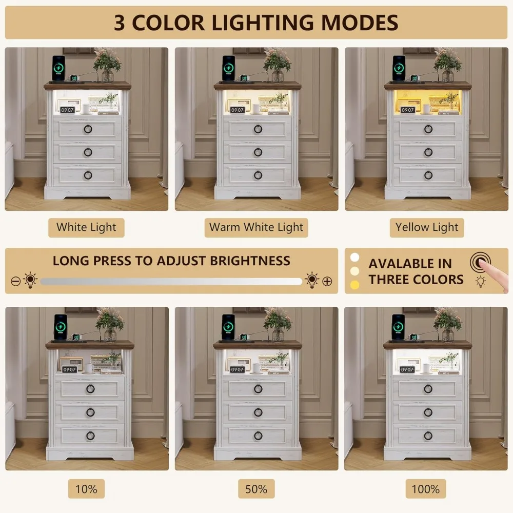 Nachttisch-Set 2 mit Ladestation, Bauernhaus-Beistelltisch mit 3 Schubladen und offenem Stauraum, intelligenter Nachttisch mit LED
