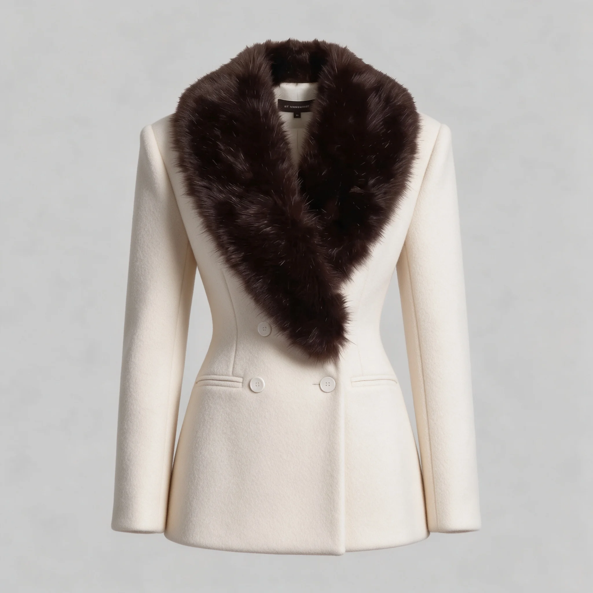 IG Women Short Fitted Wool Blend Coat Wide Faux Fur Lapel Collar,Double Breasted Elegant Slim Waist Winter Outerwear For Female