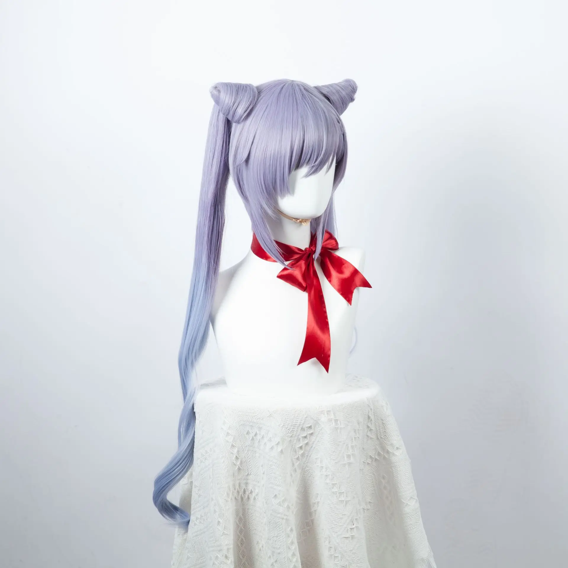 Genshin impacto trovão chuva keqing misto cinza e roxo gradiente tranças duplas chifre coque peruca cosplay