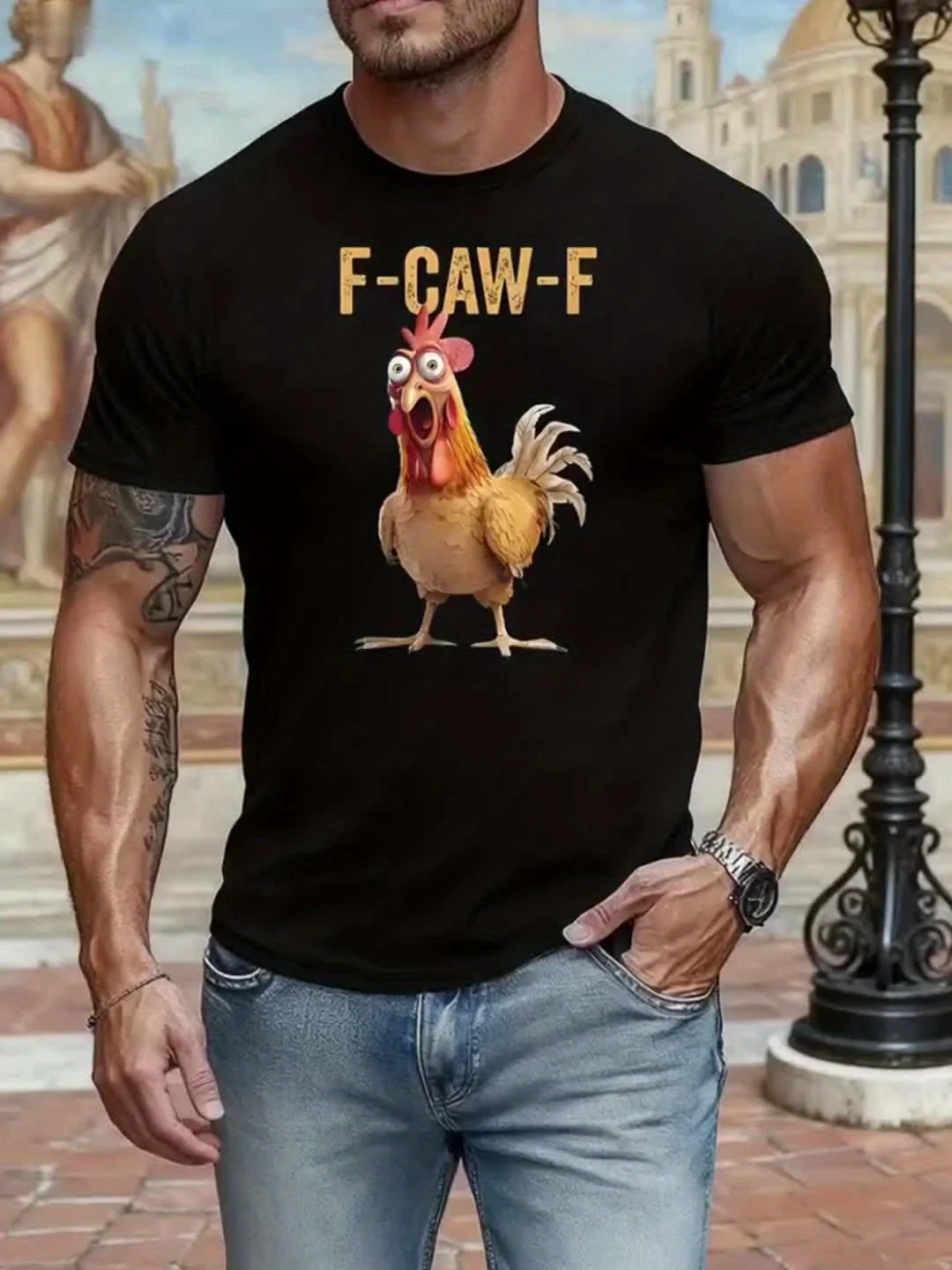 Men Funny F-CAW-F Screaming RoosterGraphicTShirtVintageDistressedLetterPrintCrewNeckShortSleeveTeeSummerCasualStreetwearMaleTops