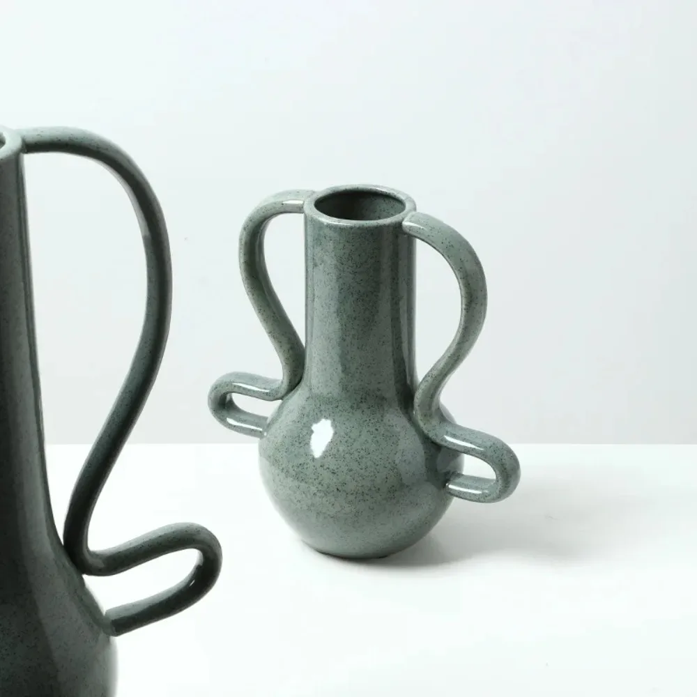 Nordic Ceramic Vase Curved Handle Handmade Ceramic Flowerpot Flower Arrangement Ornaments Flowerpot Home Decoration Accessories