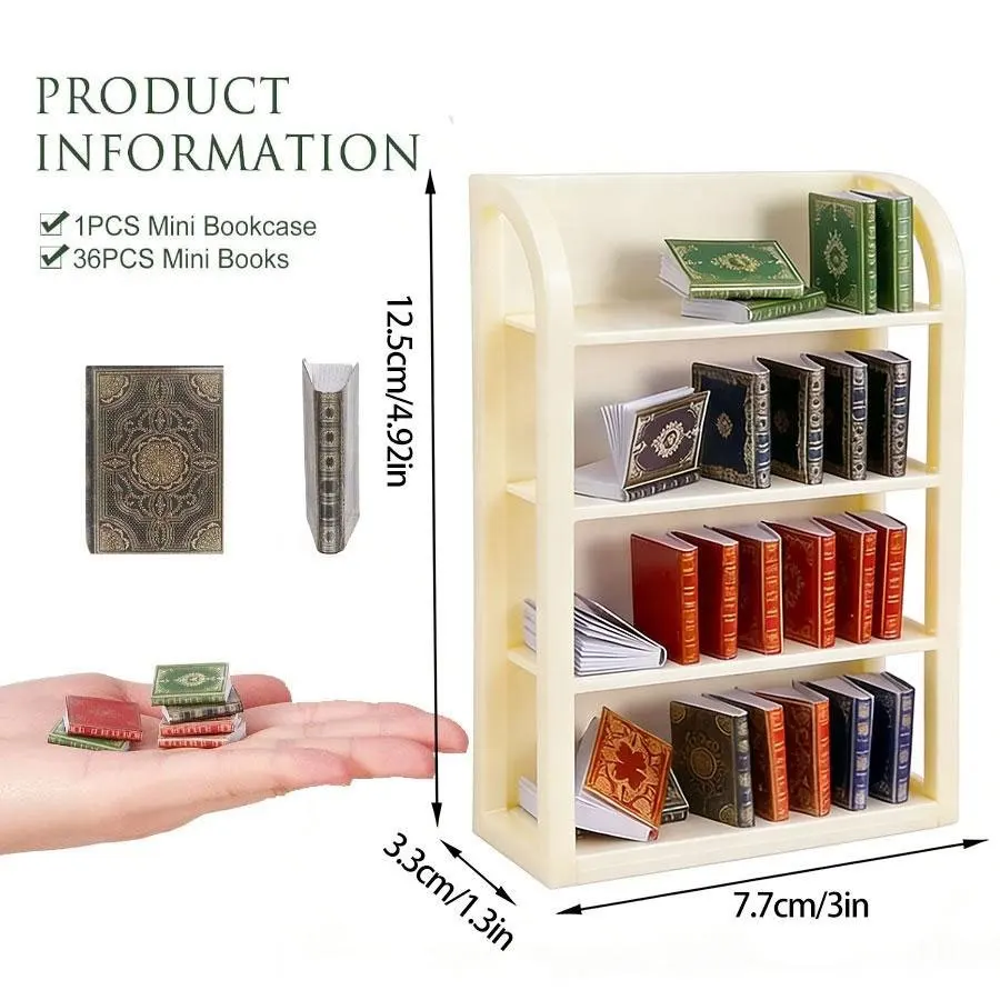 1:12 Scale Miniature Dollhouse 36 Books & 4-Tier Bookcase, Mini Furniture Display Shelf Cabinet Dollhouse Decoration Accessories