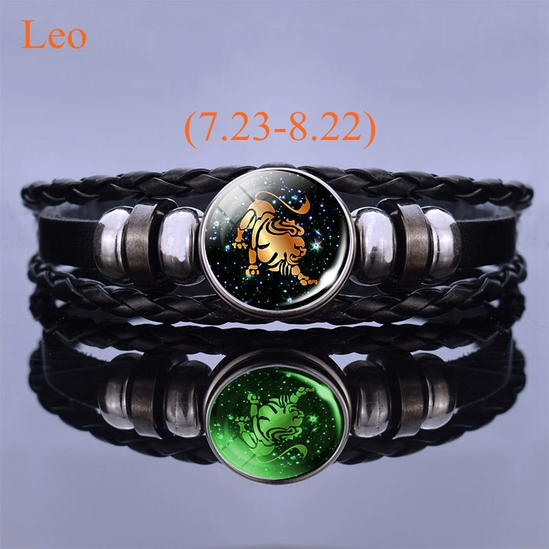 Luminous 12 Constellation Zodiac Leather Bracelet for Men Women Braided Rope Bracelets Birthday Gift Glow In The Dark Bracelet