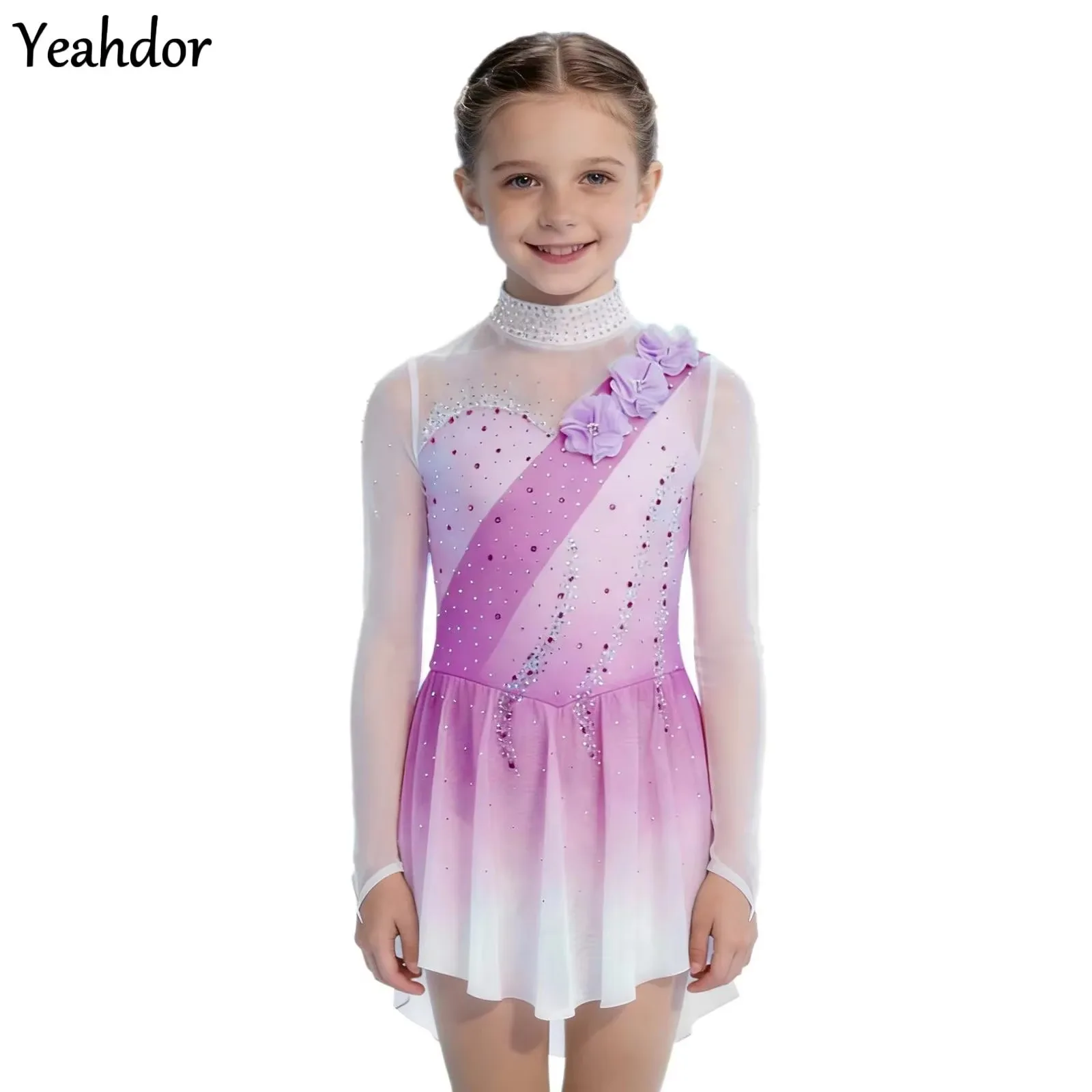 Girls Gymnastics Ballet Tutu Leotard Dress Sheer Mesh Long Sleeves 3D Flowers Rhinestone Gradient Color Figure Ice Skating Dress