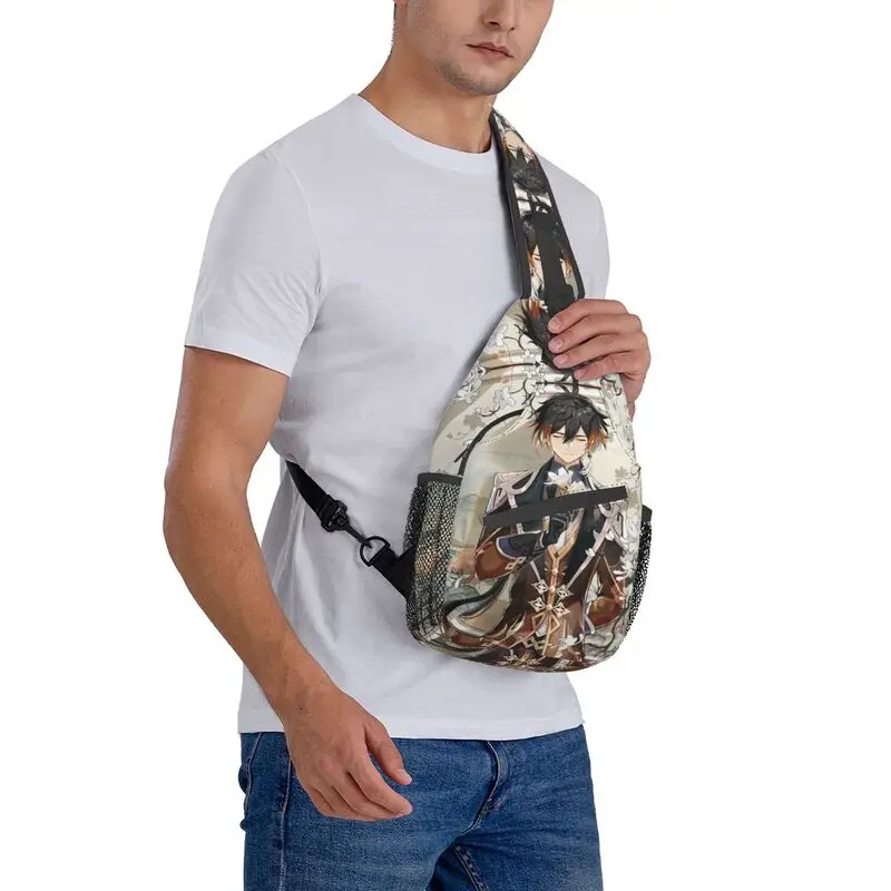 Zhongli Genshin Impact Sling Bag personalizado para hombres, mochila cruzada de hombro para el pecho, mochila de viaje para senderismo, paquete de