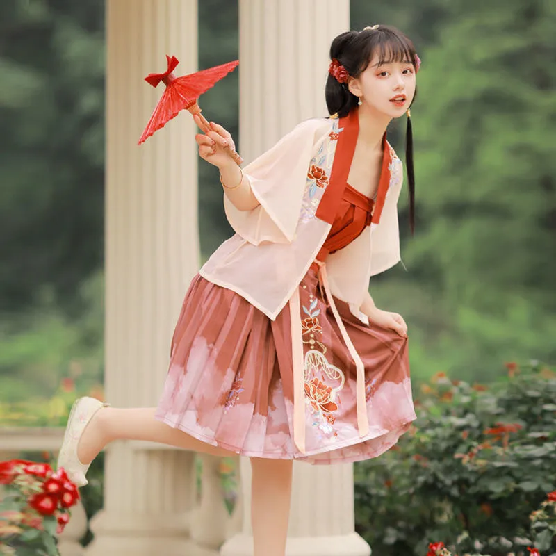 

Летний женский Традиционный китайский костюм ханьфу с вышивкой, старинное Ретро сценическое народное танцевальное платье, костюм-тройка