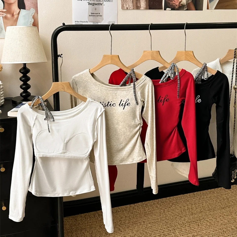 Autumn New Style Pure Desire Shoulder Bowed Long Sleeve T-Shirt Women Slimming Fixed Belt Chest Pad Versatile Long Sleeve T-S...