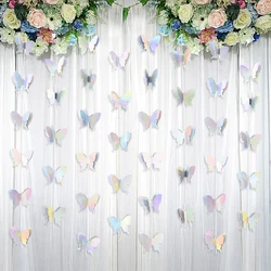 2M 3D Butterfly Paper Banner Garland Iridescent Hanging Flag Curtains For Wedding Birthday Party Backdrop Decoration Baby Shower