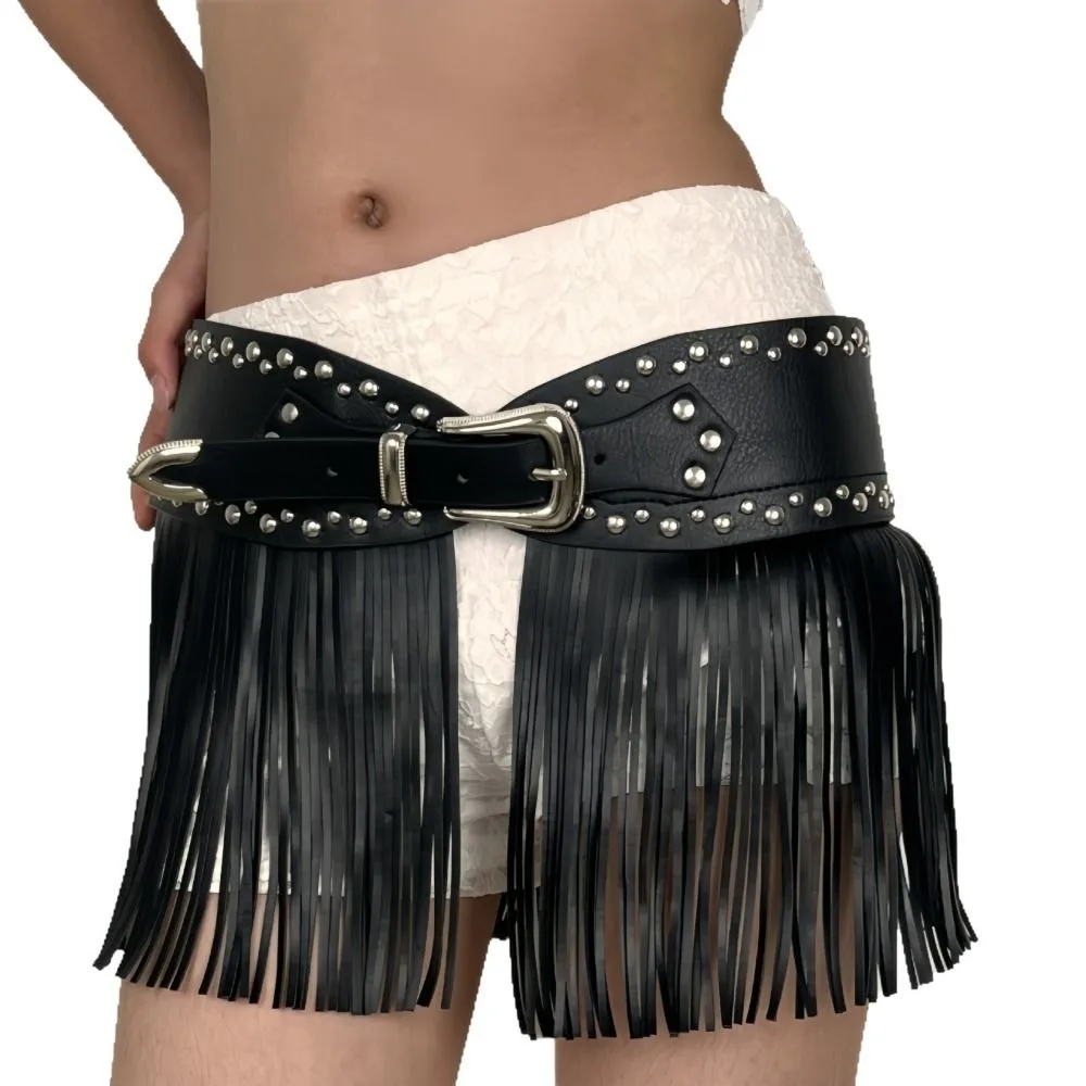 Trendy PU Leather Tassel Belt Punk Style Vintage Wide Belt Western Cowboy Patchwork Design Rivet Belt High Street