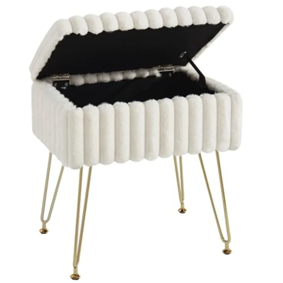 

Vanity Stool Chair with Storage Faux Fur Stools for Vanity Makeup Feet Stool Ottoman with 4 Metal Legs Small Vanity Bench Seat