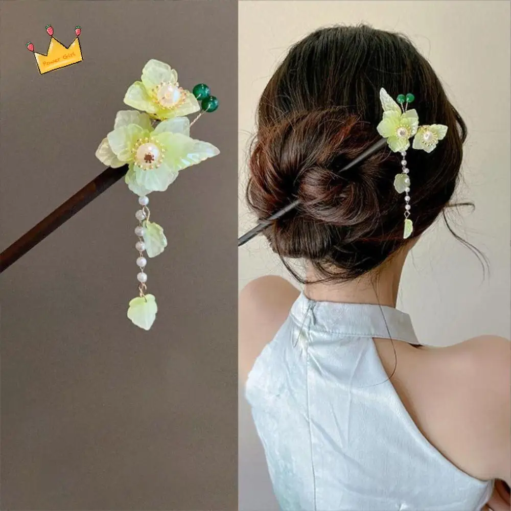 

Vintage Winding Flower Hairpin Classical Handmade Wooden Hair Stick Flower Pearl Tassel Chinese Style Hanfu Headwear Girl