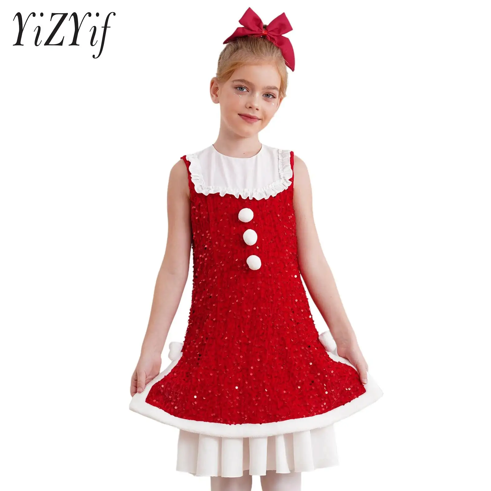 Girls Christmas Costume Sleeveless Side Bow Shimmering Sequins Velvet Ruffle Short Dress Christmas Party Costume