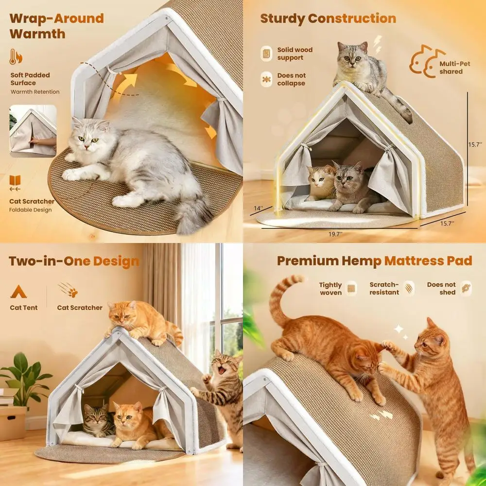 

Натуральный сизалевый домик-лежанка для кошек, деревянный домик для кошек с занавесками и лежаком для когтетрости, защищает мебель (средний размер, натуральный цвет)