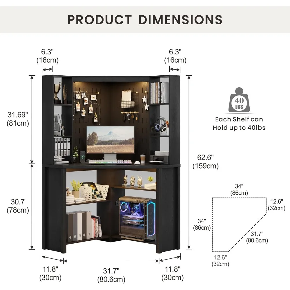 Corner Computer Desk with Hutch, Shelves & Power Outlet for Home Office