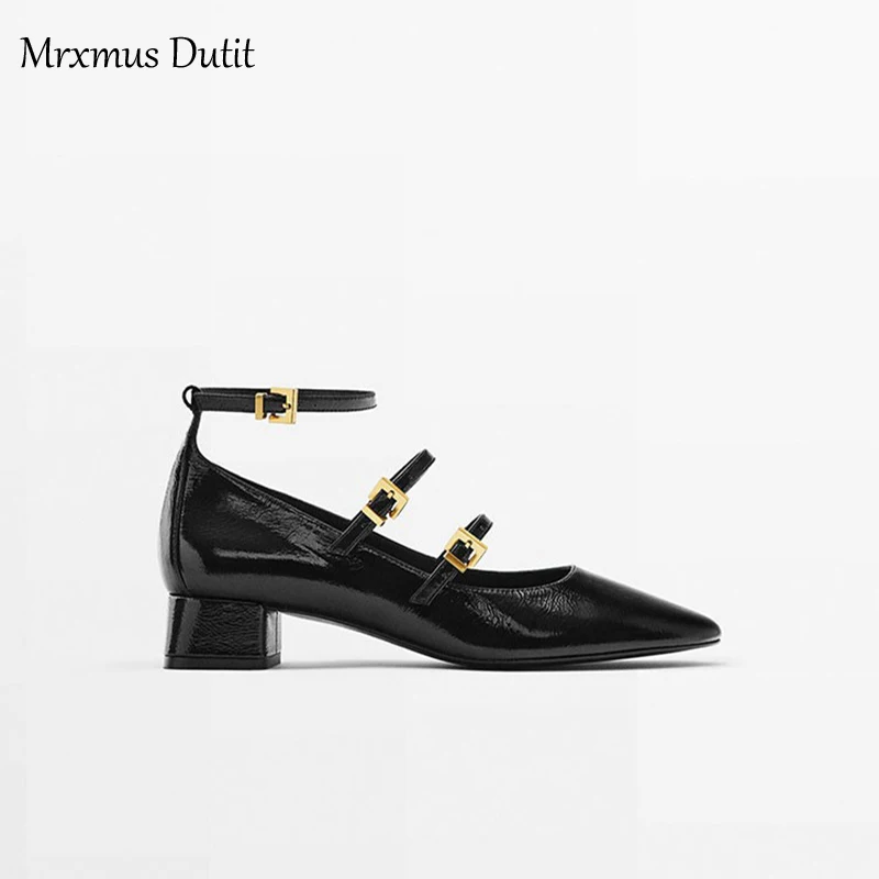 Mrxmus Dutit 2023 New Spring Summer Fashion Genuine Leather Mary Jane Rough Heel Sandals Women Simple Ballet Shoes Female Chic