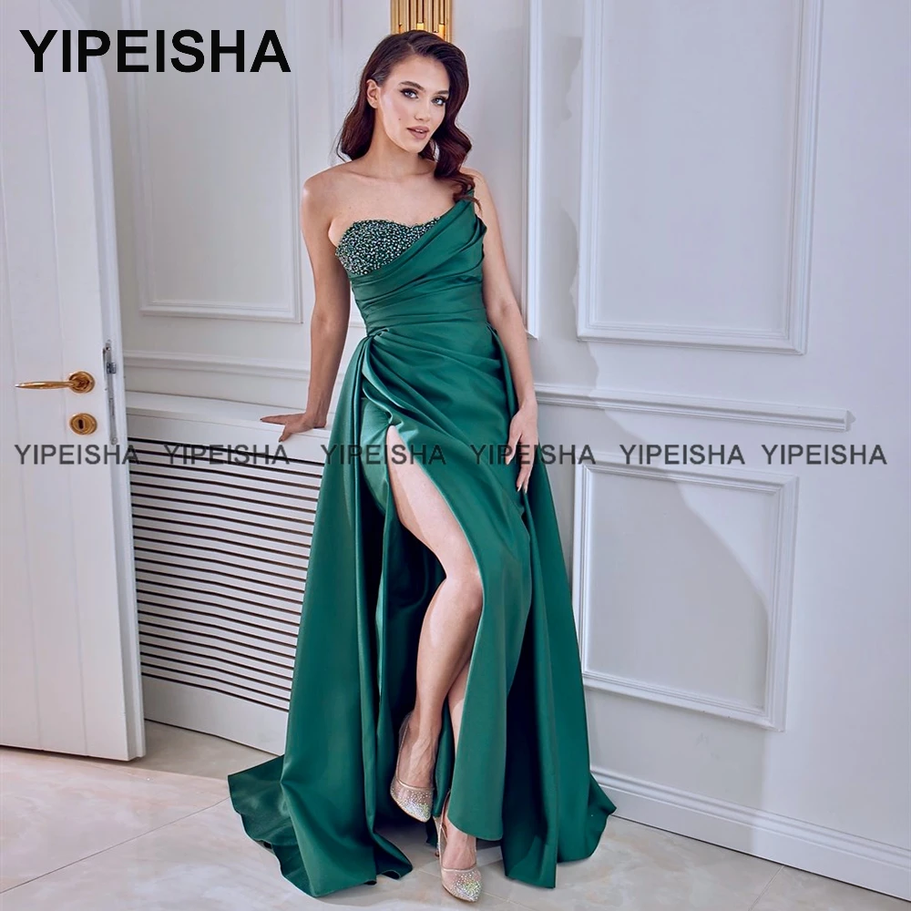 Yipeisha-Robe de soirée en satin vert émeraude sans bretelles, robe fendue sur le côté, robe de Rhsirène, robe de reconstitution historique perlée, grande taille