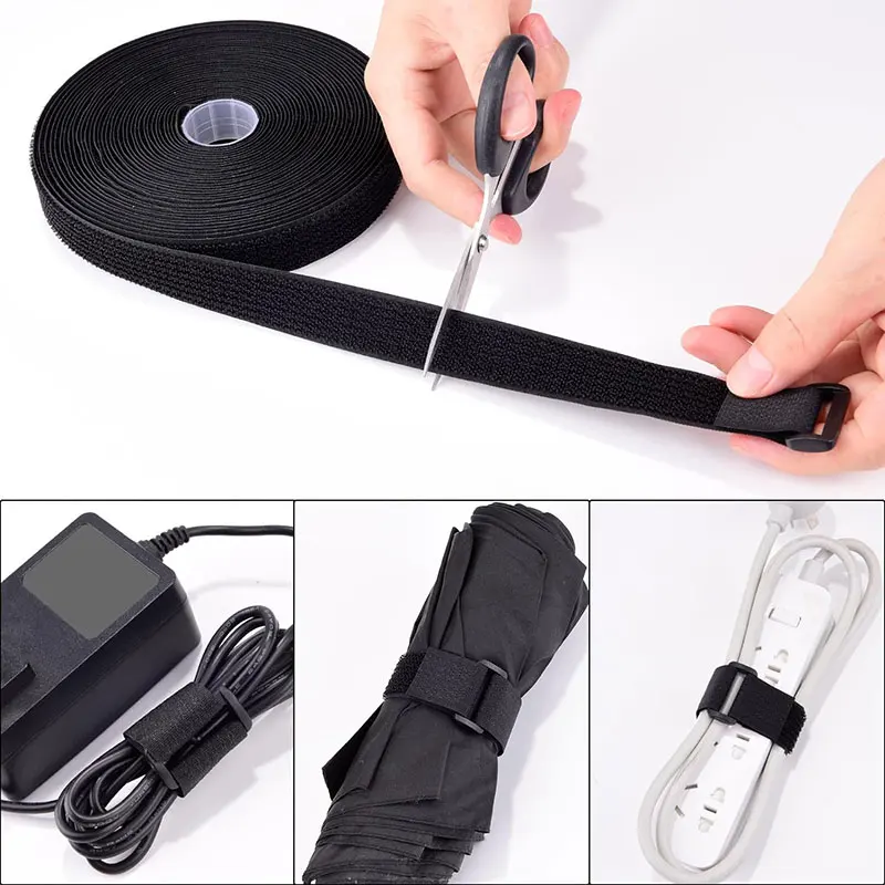 2M Reusable Hook and Loop Fastener Cable Tape Cable Straps With Buckles Cut-to-Length Nylon Self-Adhesive Secure Strap Organizer